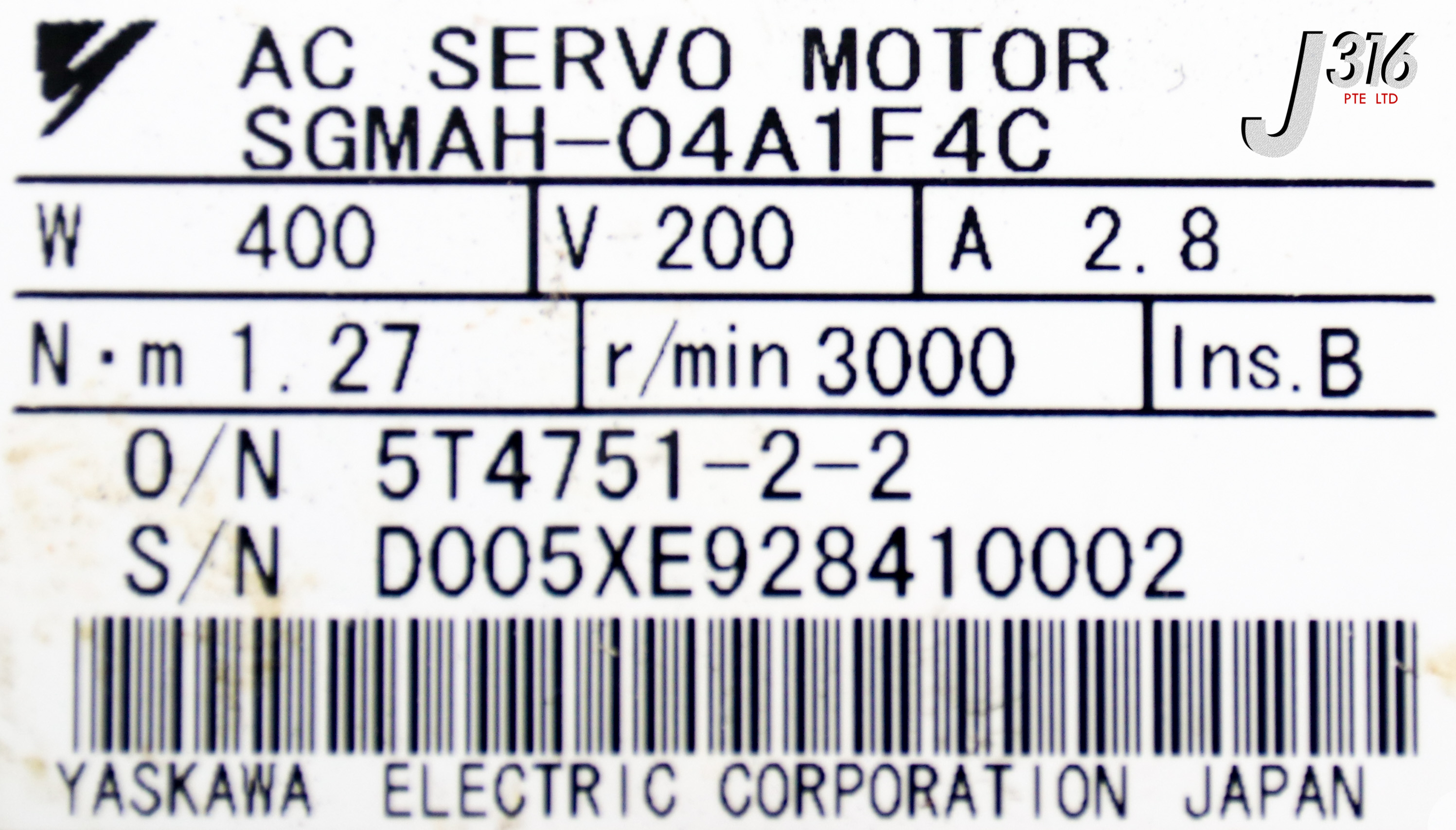23212 YASKAWA AC SERVO MOTOR, 400W, 200V, 2.8A, 3000 R/MIN SGMAH